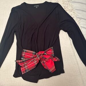 Women’s J Crew black wrap top with holiday plaid bow size medium